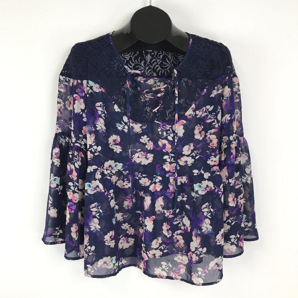 Decree Floral Bell Sleeve Blouse Women's Size Large Lace Up Sheer Spring Casual